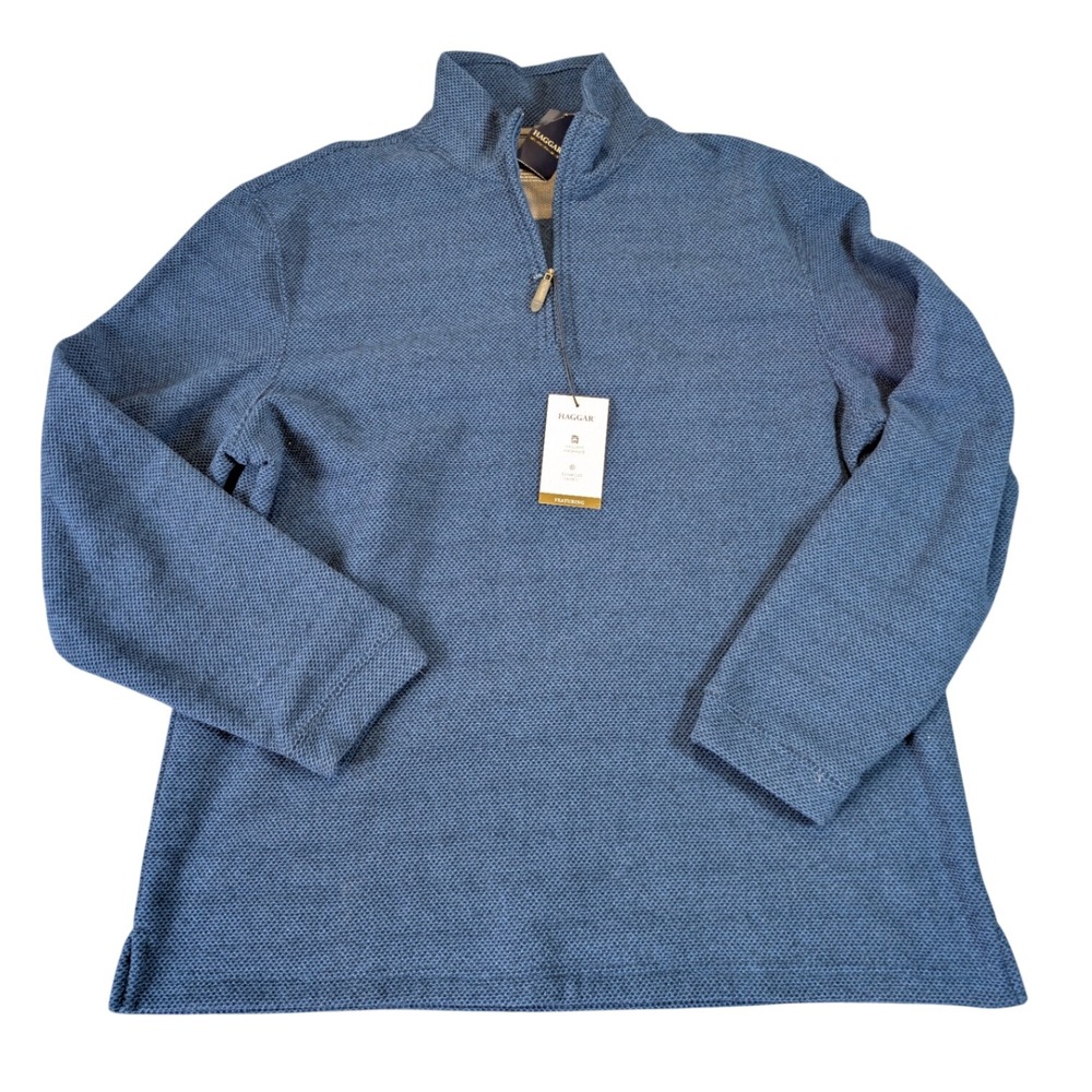 Haggar Mens Quarter Zip Blue Macaroon Stretch Pullover Sweater Size L